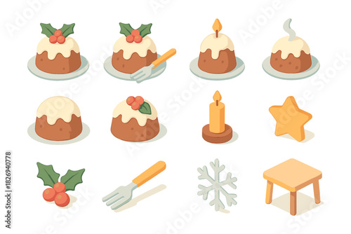 Isometric christmas pudding and holiday icon set with decorations and candle designs