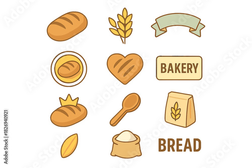 Colorful bakery icons: loaves, wheat, and baking tools for culinary designs