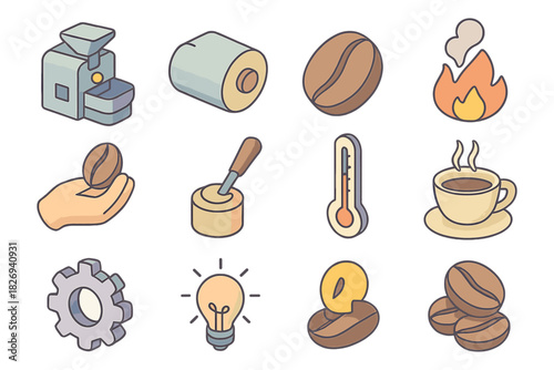 Coffee brewing icon set: hand-drawn collection with cup, beans, and equipment