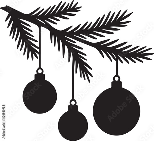 pine tree branch with three hanging Christmas ornaments silhouette vector.