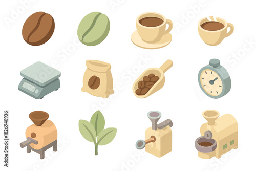 Coffee elements set in isometric style featuring beans, cups, and equipment