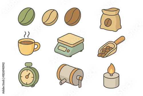 Coffee brewing essentials: flat style icons featuring beans, equipment, and hot beverage