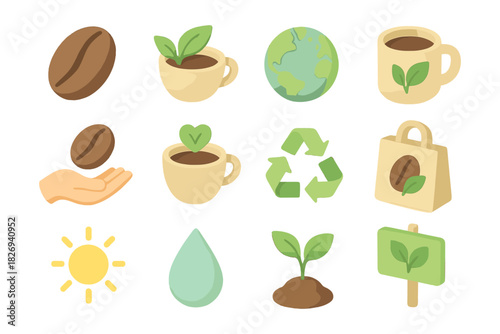 Eco-friendly coffee icons: recyclable cup, earth, plant, and seedling in flat design
