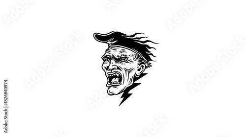 Screaming angry man's head illustration in black and white with furious expression. Intense vintage graphic artwork.