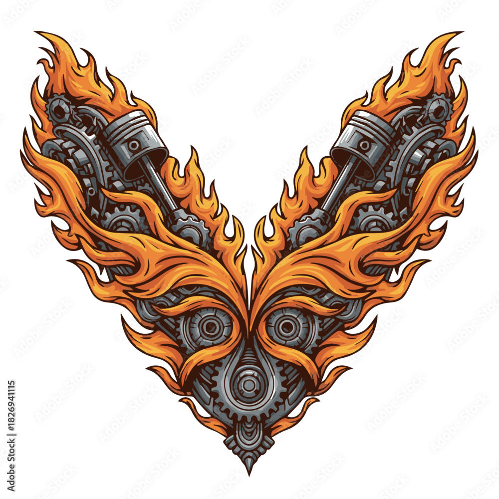 Obraz premium Mechanical flaming ornamental emblem combining metal gears and fire elements, perfect for custom logo design, biker themes, tattoo artwork, and industrial decoration