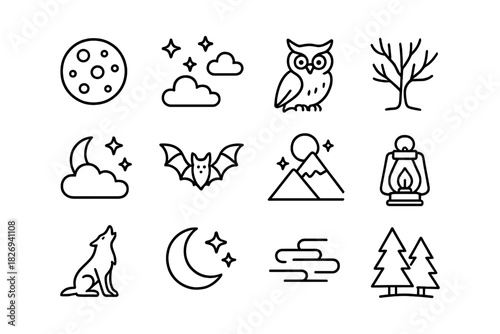 Minimalist linear icons featuring night sky, wildlife, lantern, and landscape elements