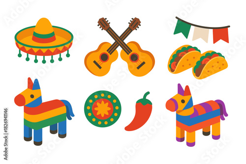 Colorful mexican fiesta icons with sombrero, guitars, and tacos in flat design