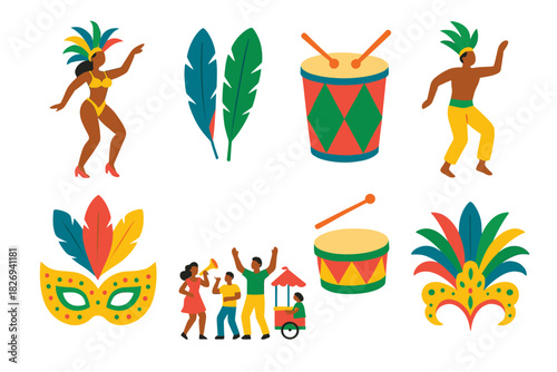 Colorful carnival celebration with dancers, drums, masks, and festive elements