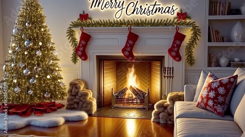 Merry Christmas over Cozy Fireplace with Stockings and Tree