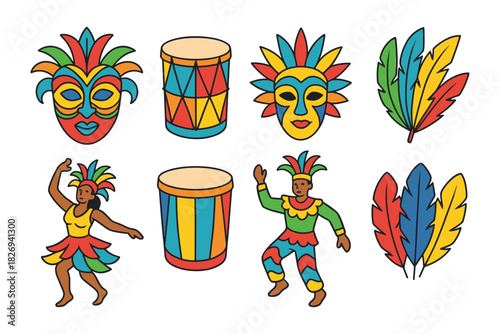 Colorful carnival elements: masks, drums, dancers, and feathers in vibrant design