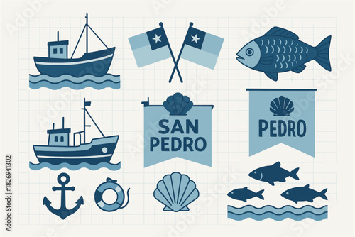 Nautical icons collection featuring fishing boats and marine elements