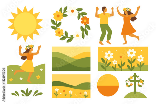 Colorful summer celebration with dancing figures and nature elements