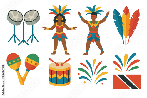 Caribbean carnival elements with traditional costume, steel drums, and colorful feathers