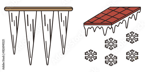 Icicles hang from a wooden surface and a tiled roof, with snowflakes falling around them, depicting winter weather and cold conditions.