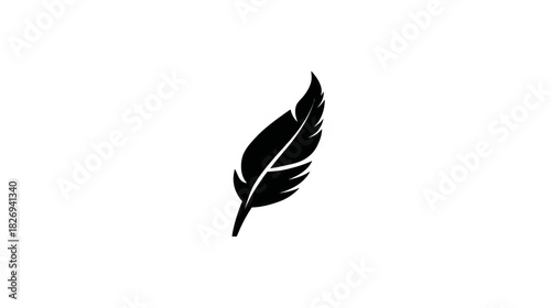 Single black feather silhouette isolated on a clean white background. Simple minimalist bird plumage icon for graphic design.