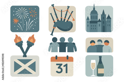 Flat style scottish icons: bagpipes, edinburgh castle, fireworks, and traditions