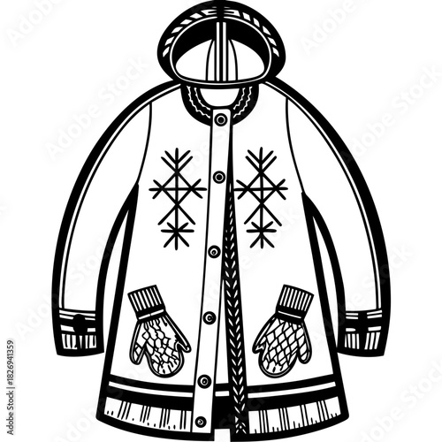 Cozy winter coat with snowflake and mitten design