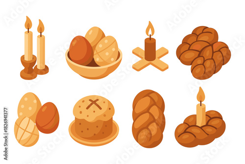 Isometric bread and candle icon set for celebrations and traditional festivities