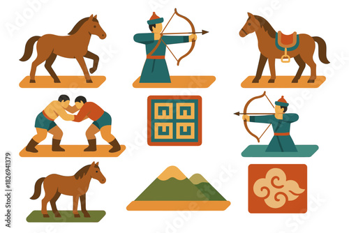 Traditional games and symbols of mongolia in flat design