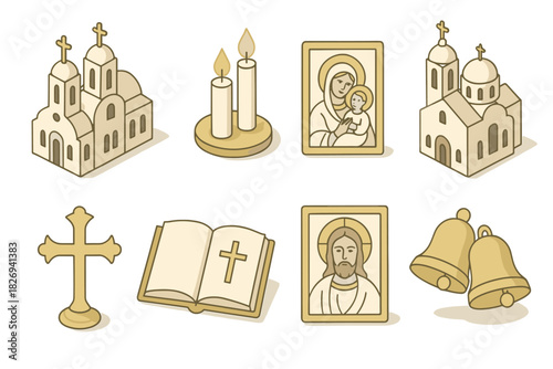 Orthodox christianity icons set: church, candle, icons, cross, bible, bells