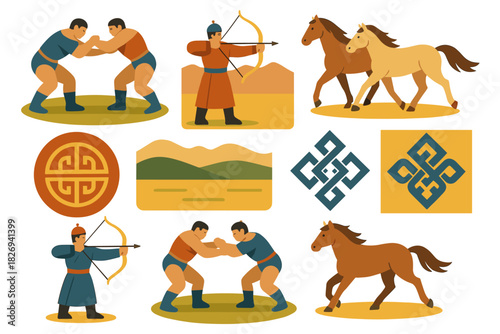 Traditional mongolian culture elements with wrestling, horse riding, and archery in flat design