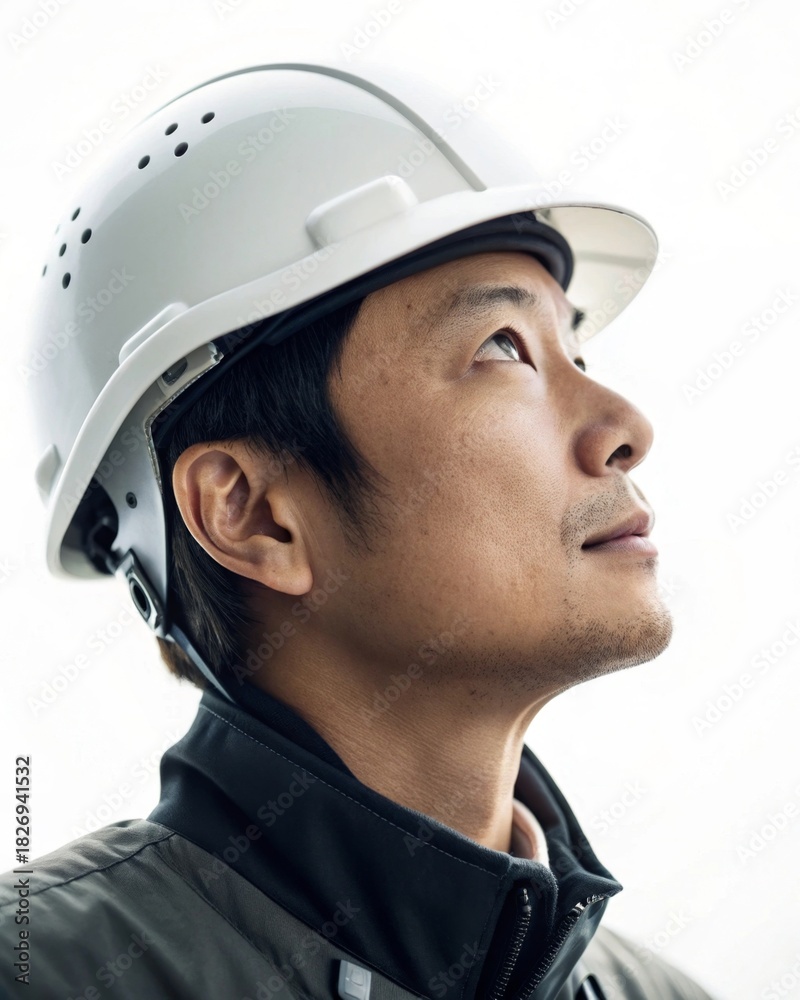 Fototapeta premium Engineer in white helmet gazing thoughtfully construction site portrait bright environment side view professional insight