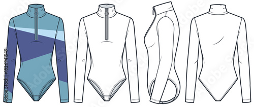 Women Activewear Bodysuit Fashion Flat Sketch. Half Zip Swimsuit fashion flat technical drawing template, front, side and back view, white, blue, women CAD mockup set.