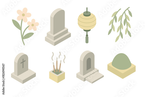 Minimalist cemetery and ritual objects in soft pastel tones