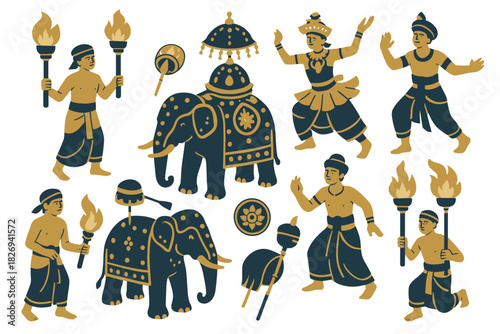 Traditional festive procession with decorated elephants and dancers in ceremonial icon style