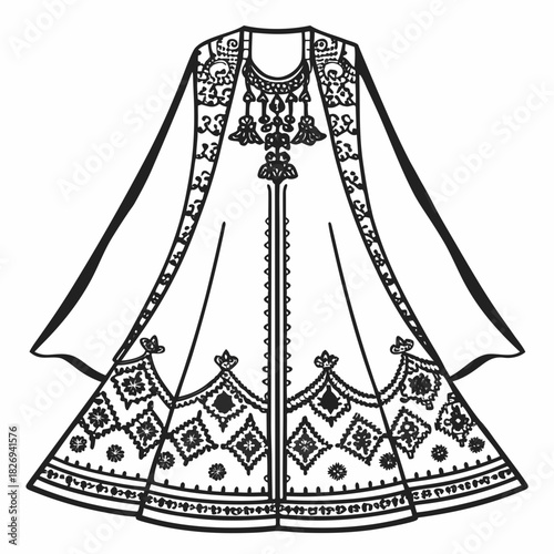 Intricately decorated traditional garment design outline