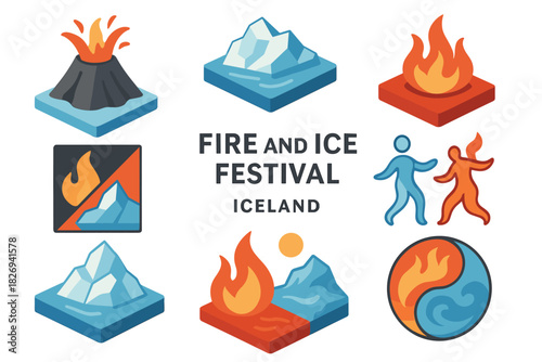 Fire and ice festival icons: volcanos, glaciers, and elements in flat design