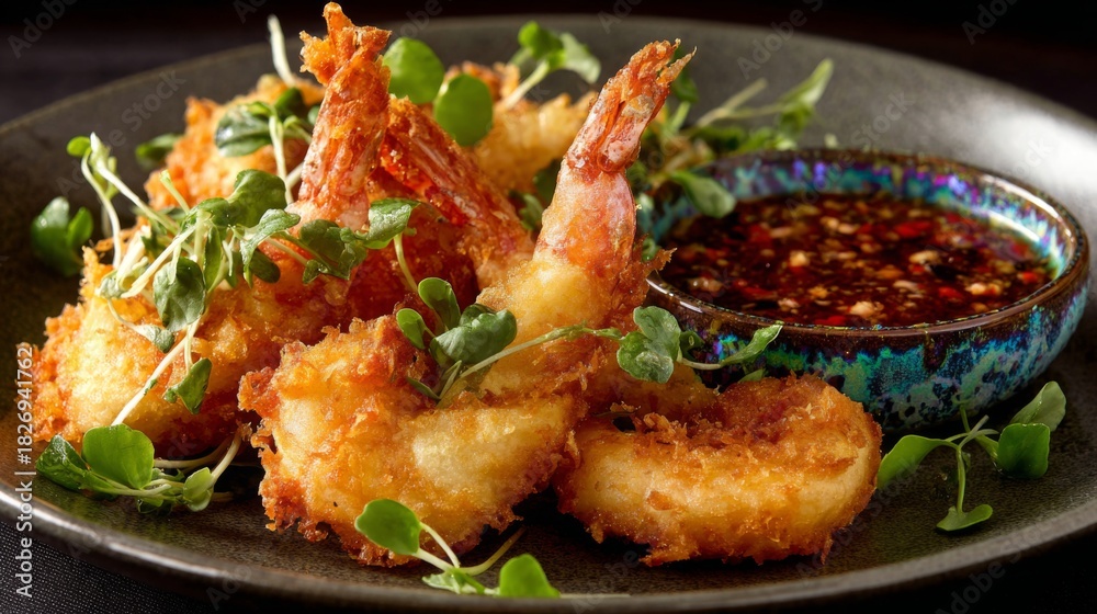 Fototapeta premium Crispy Fried Shrimp with Fresh Microgreens and Spicy Dipping Sauce on Elegant Plate in Restaurant Setting