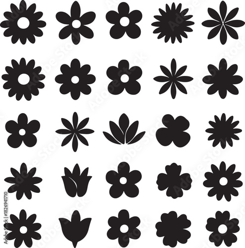  set of flower vector icons, black silhouette floral symbols, simple blossom designs, decorative petals, botanical illustration