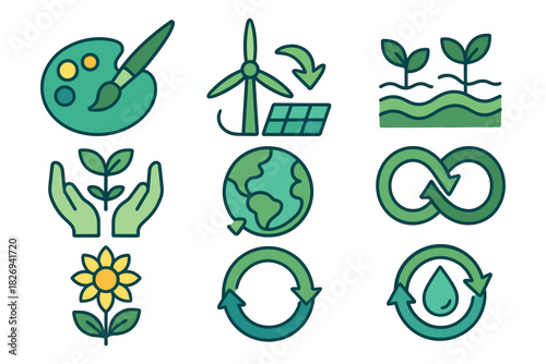 Eco-friendly icons featuring renewable energy, sustainability, and environmental conservation