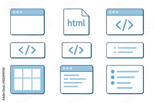 Minimalist web development icons for html code and application design