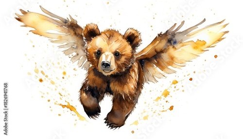 Watercolor bear cub flying with beelike wings, childrens book illustration style,