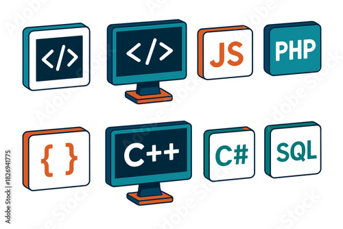 Colorful isometric programming language icons set for developers and designers