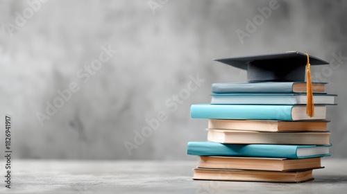 Stack of academic textbooks topped with a graduation cap rests on a textured surface against a muted background