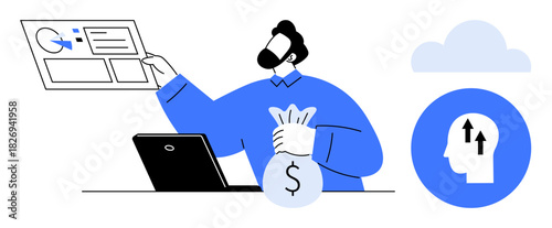 Financial growth concept. Financial visualization with data analysis and cloud strategies. Financial opportunities highlighted with investment and cash focus. Perfect for fintech and startups