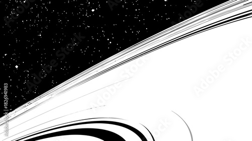 Minimalist black and white abstract cosmic illustration with stars and flowing orbital rings, sci-fi astronomy background.
