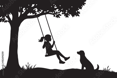 Silhouette of girl swinging on tree swing with dog nearby, peaceful outdoor scene, nature, childhood joy, summer, rural landscape
