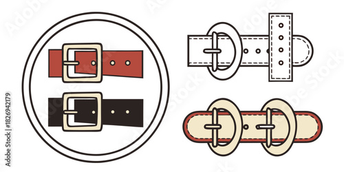 A collection of different belt buckle designs and belt strap styles are illustrated, showcasing various shapes and closure mechanisms for fashion and utility purposes.