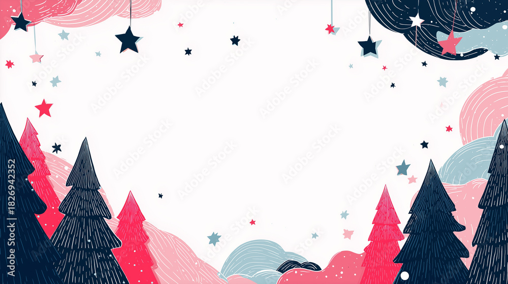 Obraz premium Winter Forest Border with Stars and Christmas Trees in Flat Festive Style