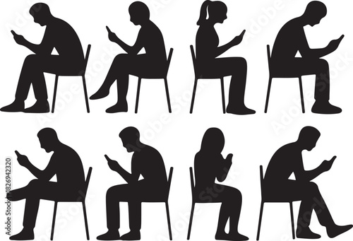  Silhouettes set of people sitting and using smartphone