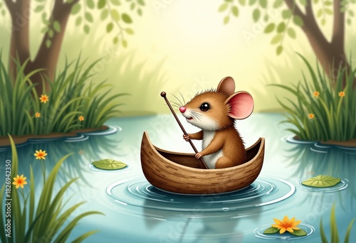 tiny adventurous mouse sailing in a walnut shell boat across a pond, magical mood