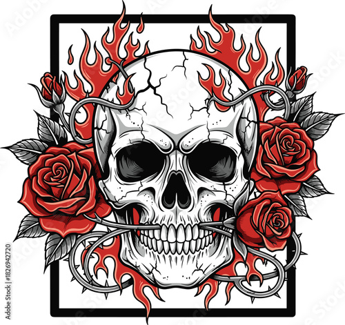Flaming Skull with Red Roses and Thorn Vines in Dark Gothic Vector for Tattoo Art, Horror Design, and Rock Aesthetic
