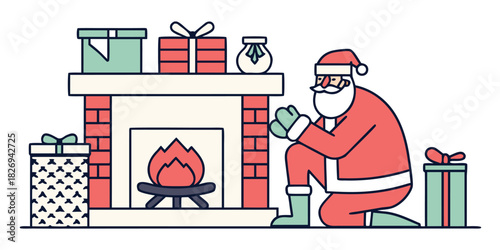 Santa Claus kneels by a festive fireplace adorned with gifts, preparing for Christmas.