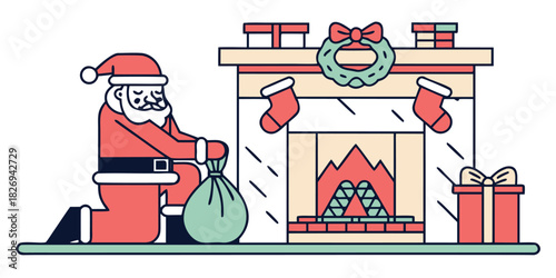 Santa Claus kneeling by a fireplace, holding a sack of gifts, with stockings hung and a wreath above, and a gift box to the side.