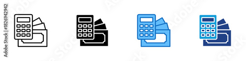 Calculating Multiple Style Icon Design Vector - calculator positioned above stack of money, representing numerical computation, cash handling, and monetary evaluation