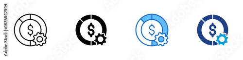 Credit Management Multiple Style Icon Design Vector - circular chart surrounding a dollar sign with a gear, representing organized control of credit usage, payment handling, and financial optimization